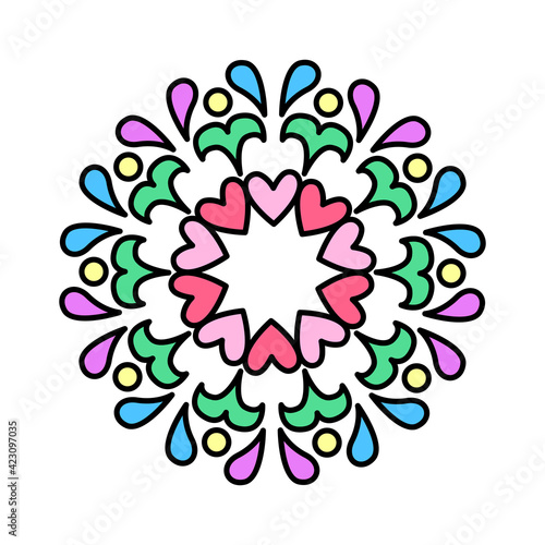 Colorful vector wreath with hearts and decorative elements. Round pattern for book, design, illustration, games, stickers, relax and meditation