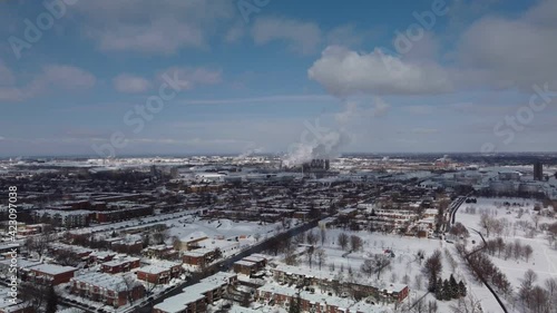 Aerial view of refinery near residential aerea