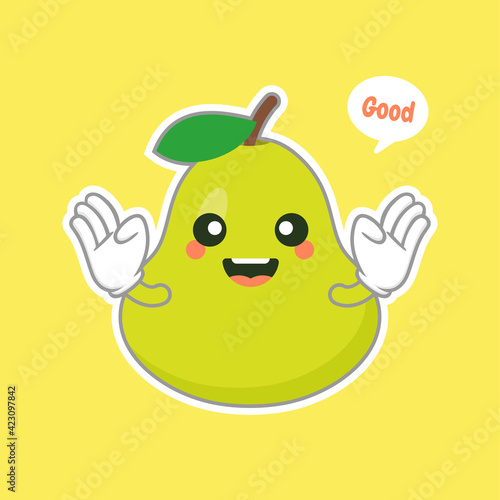 cute and happy cartoon style green pear characters for healthy food, vegan and cooking design. kawaii pear fruit with funny expression