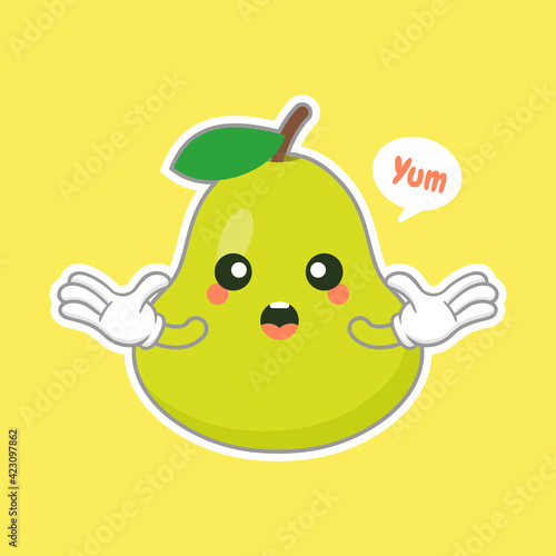 cute and happy cartoon style green pear characters for healthy food, vegan and cooking design. kawaii pear fruit with funny expression