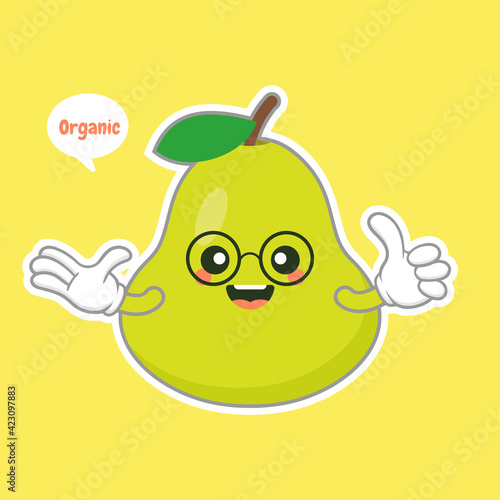 cute and happy cartoon style green pear characters for healthy food, vegan and cooking design. kawaii pear fruit with funny expression