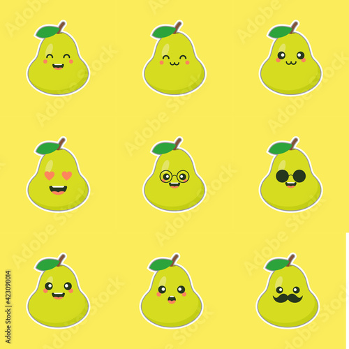 cute and happy cartoon style green pear characters for healthy food, vegan and cooking design. kawaii pear fruit with funny expression