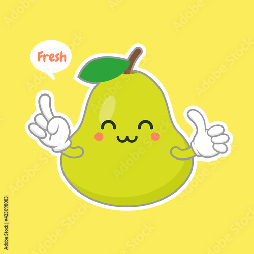 cute and happy cartoon style green pear characters for healthy food, vegan and cooking design. kawaii pear fruit with funny expression
