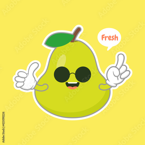 cute and happy cartoon style green pear characters for healthy food, vegan and cooking design. kawaii pear fruit with funny expression