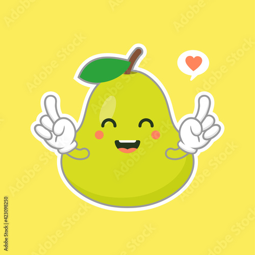 cute and happy cartoon style green pear characters for healthy food, vegan and cooking design. kawaii pear fruit with funny expression