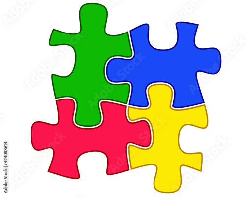 Puzzles - vector full color illustration. Puzzles - a symbol of autism. Four colorful puzzles put together. April 2 - World Autism Awareness Day. © Hanna