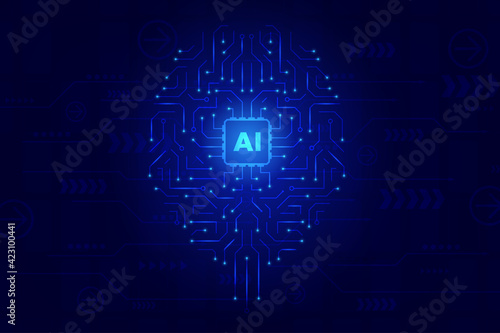 Vector circuit board human brain. Concept of artificial intellingence. Technology abstract blue background.