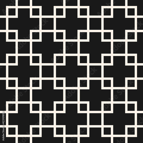 Square grid vector seamless pattern. Abstract geometric monochrome texture with lines, squares, rhombus, mesh, lattice, grill. Simple black and white background. Dark repeat design for decor, print