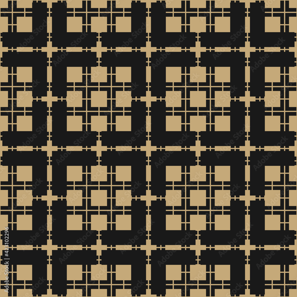 Vector abstract geometric seamless pattern. Golden texture with squares, grid, net, mesh, lattice. Stylish black and gold ornamental background. Luxury repeatable design for print, decor, wallpapers