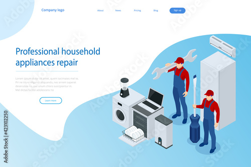 Isometric household appliances repair concept. Repair support service