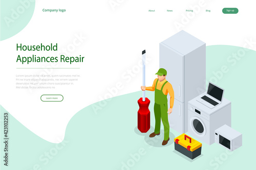 Isometric household appliances repair concept. Repair support service