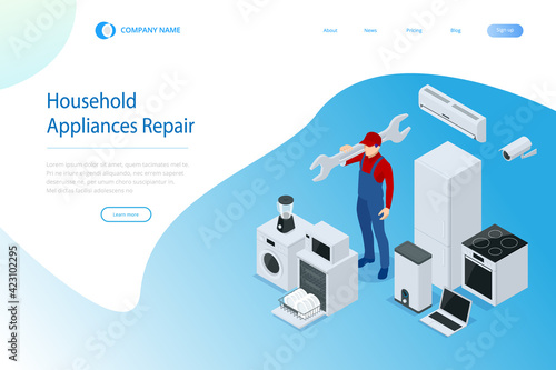 Isometric household appliances repair concept. Repair support service