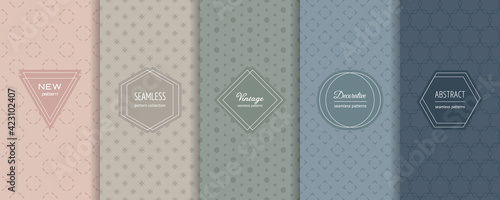 Vector minimalist seamless patterns collection. Set of abstract geometric textures in trendy pastel colors, powdery, green, blue. Elegant modern minimal labels. Design template for decor, banner, ads © Olgastocker