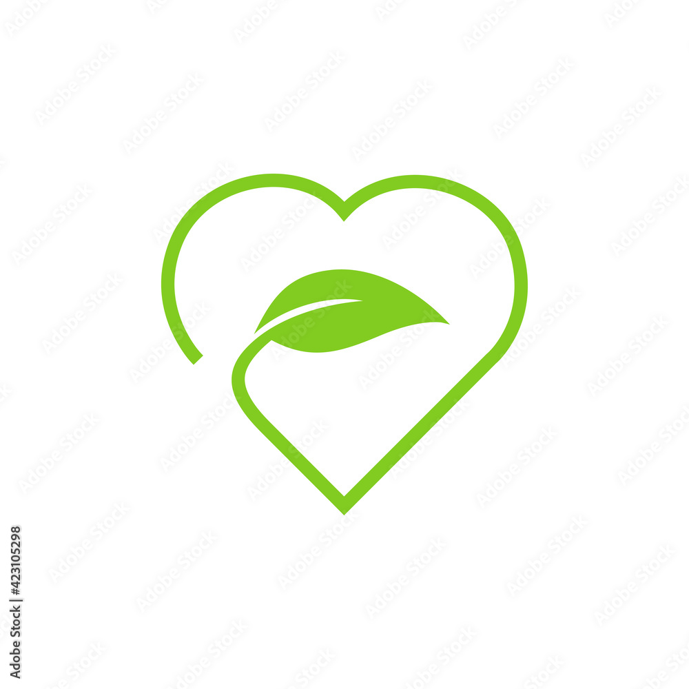 Green vector icon with heart shape and leaves. Can be used for eco, vegan, herbal healthcare or nature care concept logo design Green vector icon with heart shape and leaves. Can be used for eco, vegan, herbal healthcare or nature care concept logo design