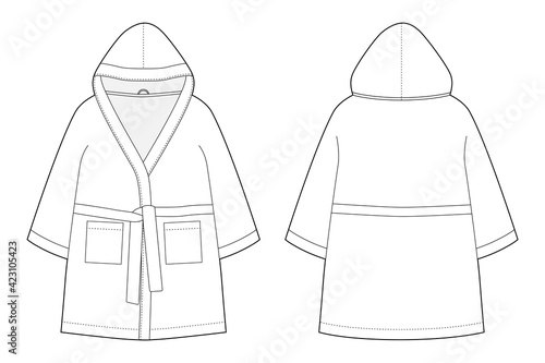 Children's bathrobe technical sketch isolated on white background. Hooded bathrobe.