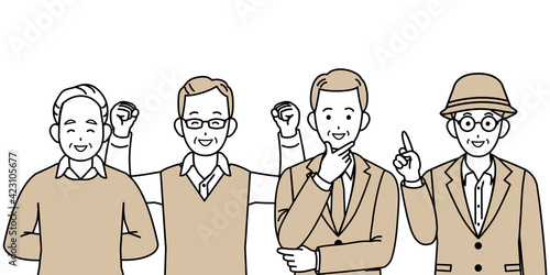 年配の男性　シニア　高齢者　人々　笑顔　元気　ポーズ　仕草　セット　イラスト素材