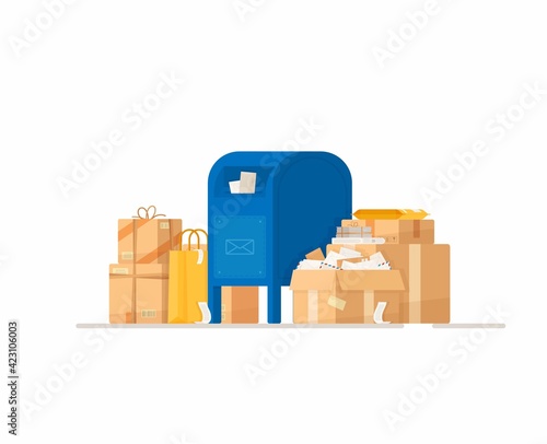 Mailbox with parcels and letters. Vector illustration of ordering goods from the Internet. Goods in boxes.