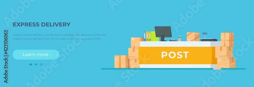 Vector illustration of a postage poster. Express parcel delivery. Parcel, cash register, post office.