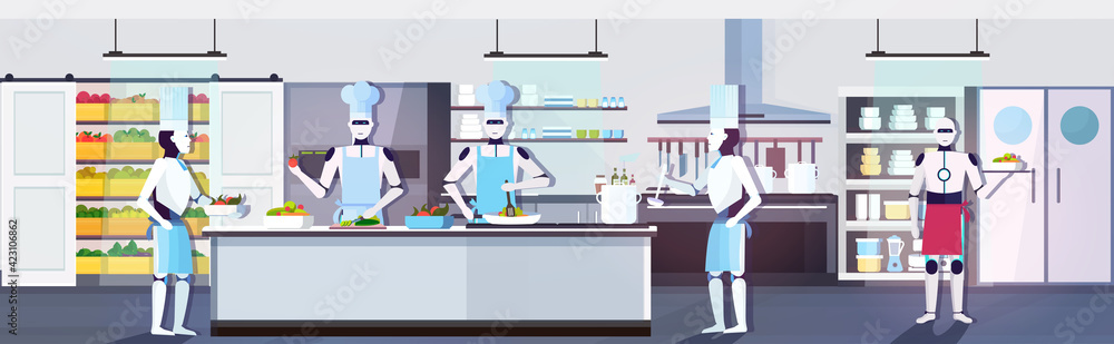 modern robots chefs cooking dishes robotic cooks preparing food artificial intelligence technology culinary concept modern kitchen interior horizontal full length