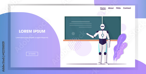modern robot teacher standing in front of chalkboard artificial intelligence technology education concept school classroom horizontal full length copy space