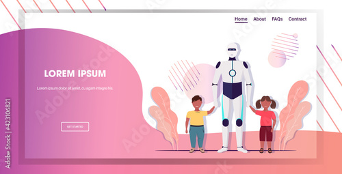 modern robot nanny walking with children artificial intelligence technology babysitter concept horizontal full length copy space