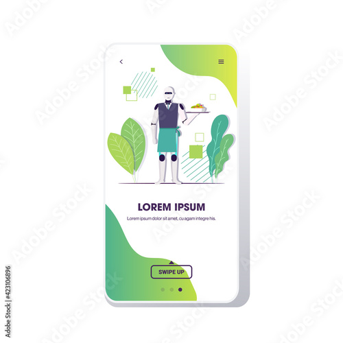 modern robot waiter serving salad at restaurant artificial intelligence technology concept smartphone screen mobile app full length copy space