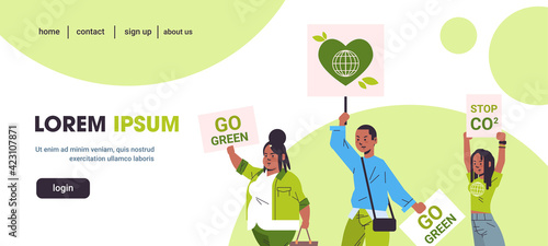 activists holding posters go green stop CO2 save planet strike concept african american protesters campaigning to protect earth demonstrating against global warming portrait horizontal copy space