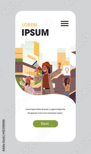 mix race activists protesting holding placard with female gender sign feminist demonstration girl power movement rights protection women empowerment concept portrait mobile app vertical copy space