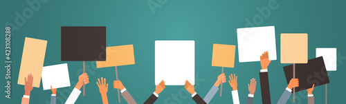 protesters hands holding peace protest posters blank vote placards demonstration speech activist rally election campaigning political freedom concept horizontal