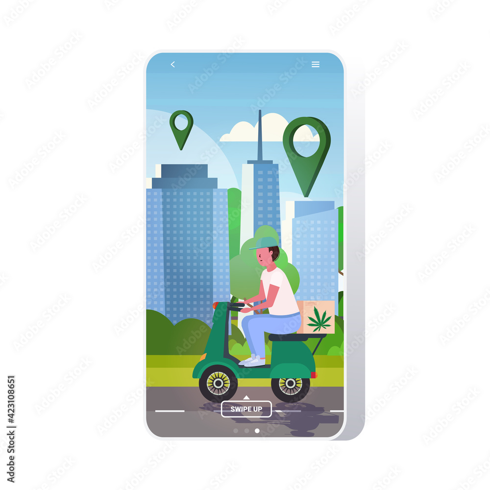 courier man riding scooter medical marijuana cannabis delivery service drug consumption concept cityscape background smartphone screen mobile app full length courier man riding scooter medical marijuana cannabis delivery service drug consumption concept cityscape background smartphone screen mobile app full length
