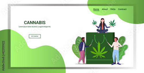 mix race people smoking joint drugs consumption legalize cannabis addiction concept shopping bag with marijuana leaf full length horizontal copy space