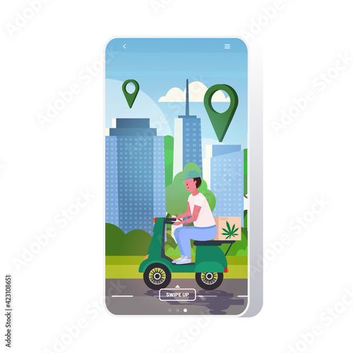 courier man riding scooter medical marijuana cannabis delivery service drug consumption concept cityscape background smartphone screen mobile app full length