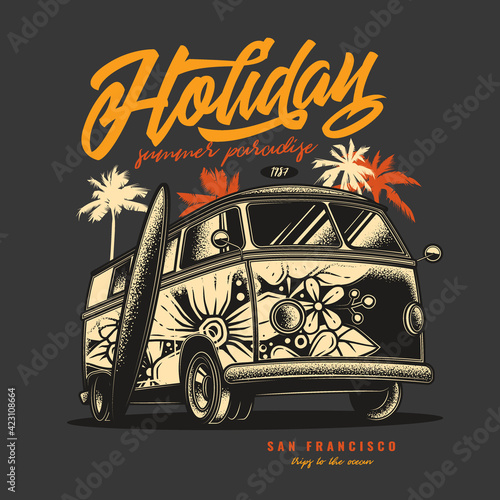 Original vector illustration in vintage style. An old tourist van painted with flowers on a background of palm trees and a retro sunset.