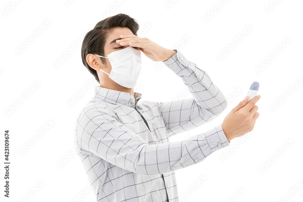 Man feel excite when read thermometer Man feel excite when read thermometer
