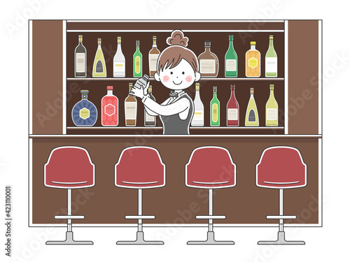 バーで働く女性バーテンダーのイラスト
