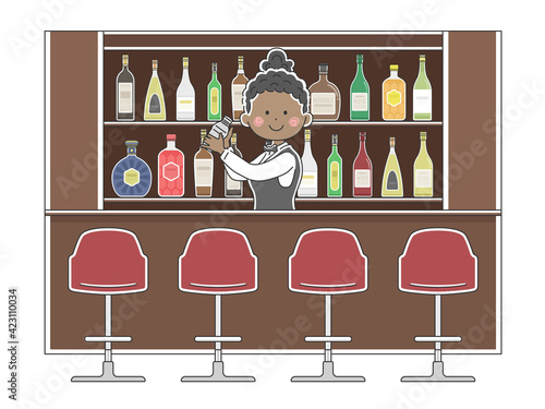 バーで働く黒人女性バーテンダーのイラスト
