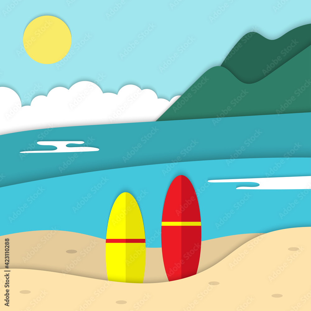 Summer Beach paper cut background vector,ocean view paper craft illustration