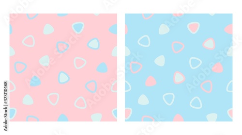 Vector seamless patterns with pink and blue hand-drawn abstract shapes on an isolated background. Delicate patterns are suitable for fabrics, textiles, gift paper, packaging.