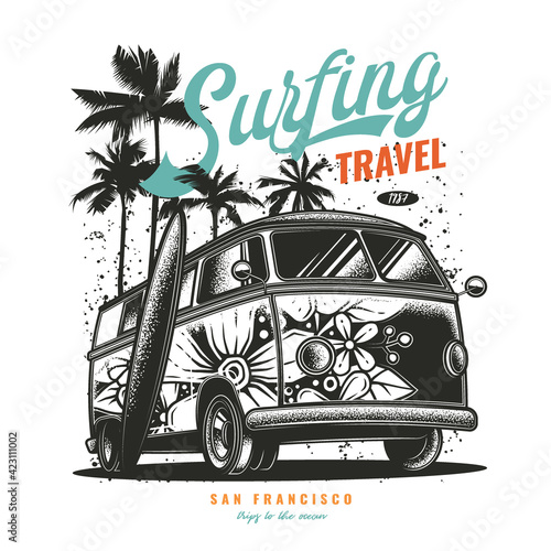 Original vector illustration in vintage style. An old tourist van painted with flowers on a background of palm trees and a retro sunset.