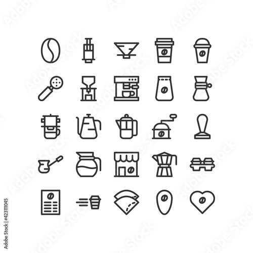 Coffee Outline Icon Pack Set, Coffee Bean, Moka Pot, Espresso, Grinder, Isolated Vector Icon
