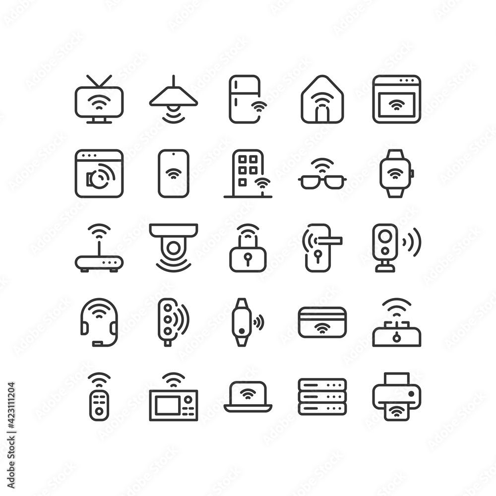 Internet Of Things Outline Icon Set, TV, Lamp, Refrigerator, Home, Watch, Washing Machine, Building, Smart Glasses, Lock, Wireless Printer, e Commerce, Isolated Vector Icon