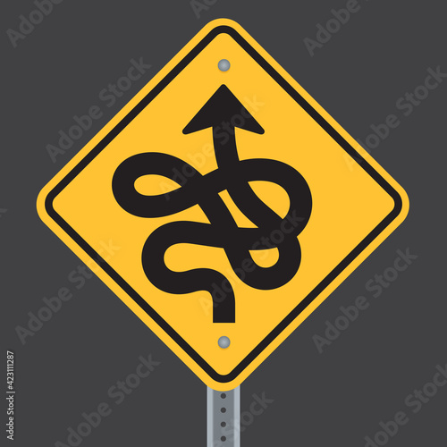 Crazy curved winding twisted road ahead highway sign.
Vector illustration of road warning sign showing curvy twisting road.