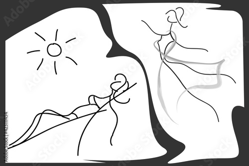 Two vector line drawings: a flying girl and a sunbathing woman in a deck chair in the sun. Black and white illustration.