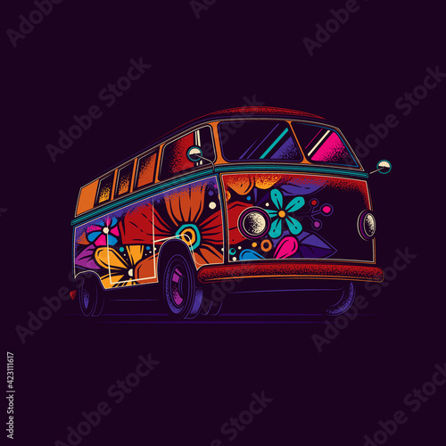 Original vector illustration of an old tourist van painted with flowers in neon style.