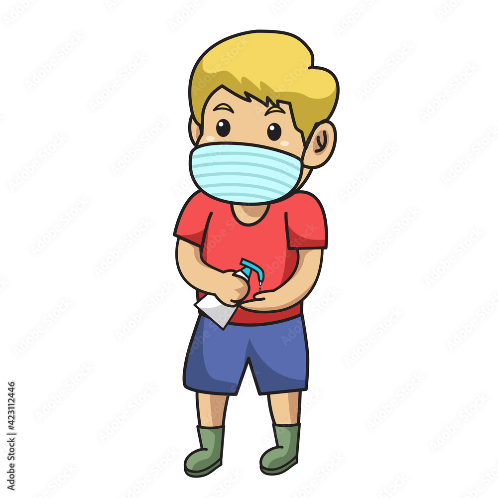 kid using hand sanitizer ,after playing in playground using mask.character illustration.