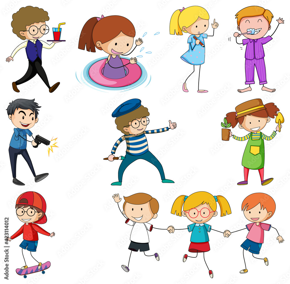 Set of different doodle kids cartoon character