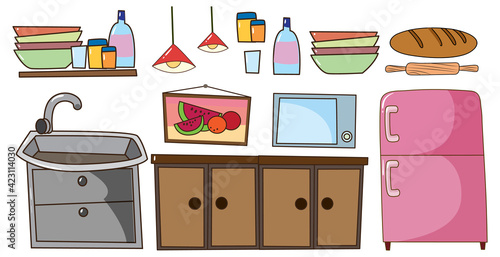 Set of kitchen equipments doodle cartoon style on white background