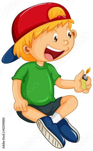 A boy holding a lighter cartoon character isolated