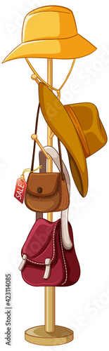 Hats and bags on a hanger stand on white background