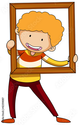 A boy holding wooden picture frame doodle cartoon character
